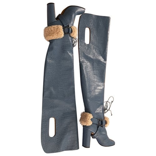 Pre-owned Off-white Shearling Riding Boots In Blue