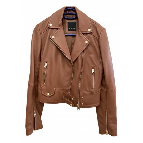 Pre-owned Pinko Leather Biker Jacket In Brown