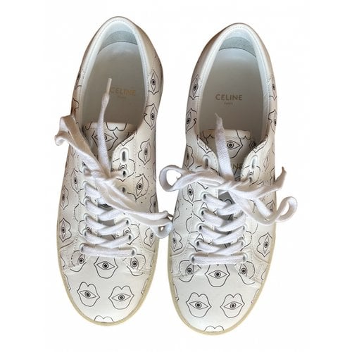 Pre-owned Celine Triomphe Leather Low Trainers In White