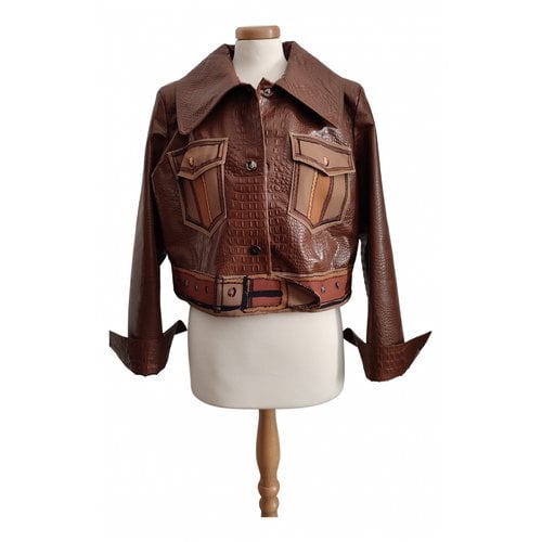 Pre-owned Marina Rinaldi Vegan Leather Biker Jacket In Brown