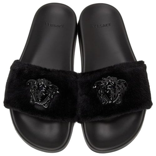 Pre-owned Versace Faux Fur Sandals In Black