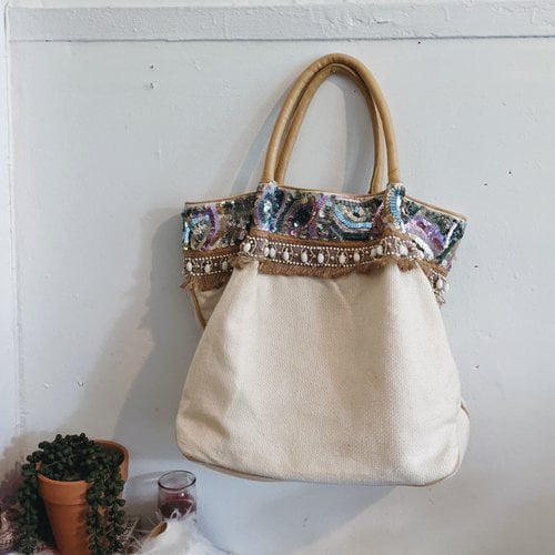 Pre-owned Anthropologie Cloth Tote In Beige