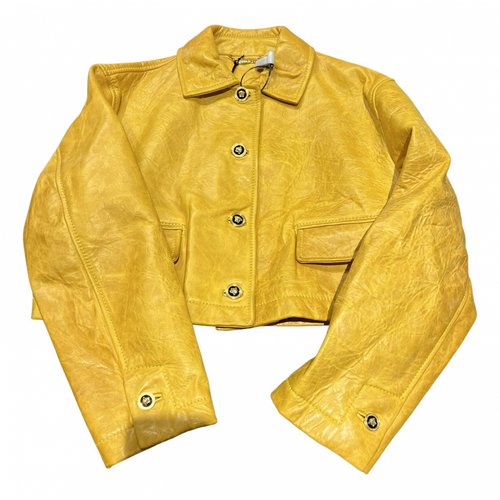 Pre-owned Versace Leather Biker Jacket In Yellow