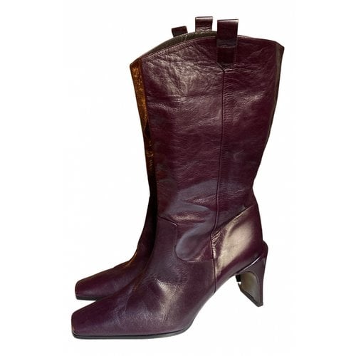 Pre-owned Emporio Armani Leather Ankle Boots In Burgundy
