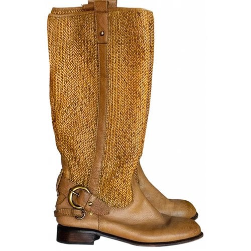 Pre-owned Anthropologie Leather Western Boots In Brown