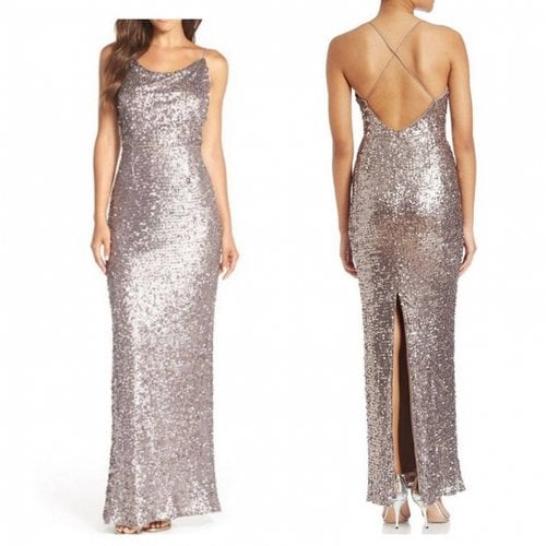 Pre-owned Adrianna Papell Glitter Maxi Dress In Silver