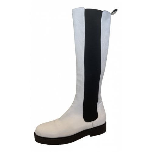 Pre-owned Staud Leather Riding Boots In White
