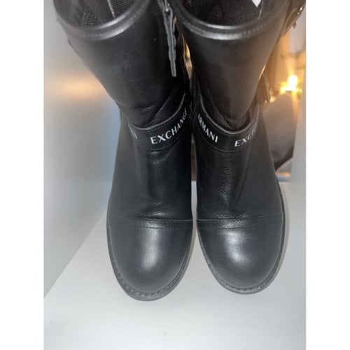 Pre-owned Armani Exchange Leather Ankle Boots In Black