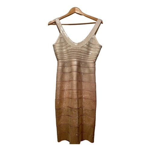 Pre-owned Herve Leger Glitter Mid-length Dress In Gold