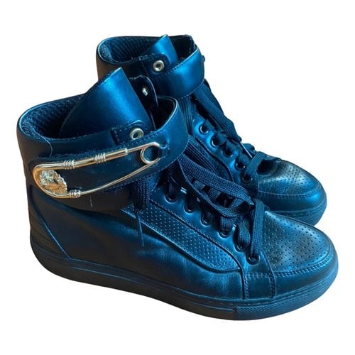 Pre-owned Versace Vegan Leather Trainers In Black