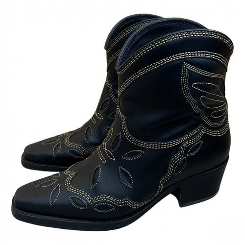 Pre-owned Ganni Leather Western Boots In Black