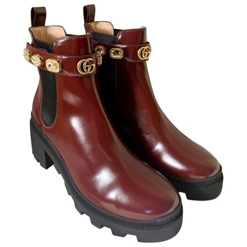 Pre-owned Gucci Marmont Leather Biker Boots In Burgundy