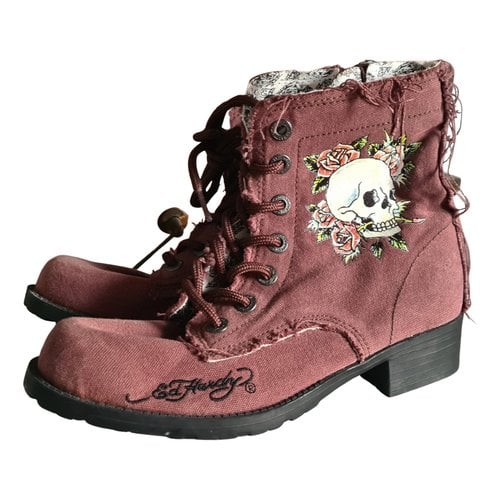 Pre-owned Ed Hardy Cloth Ankle Boots In Brown