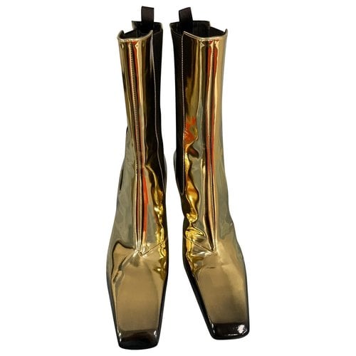 Pre-owned Prada Patent Leather Ankle Boots In Gold