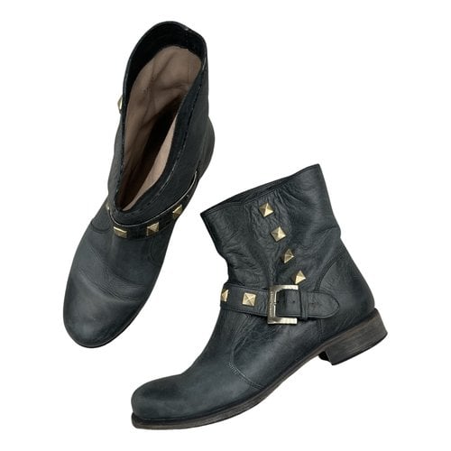 Pre-owned Janet & Janet Leather Ankle Boots In Navy