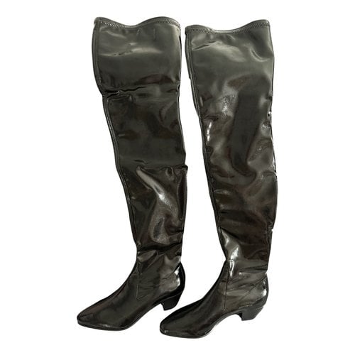 Pre-owned Maje Patent Leather Riding Boots In Black