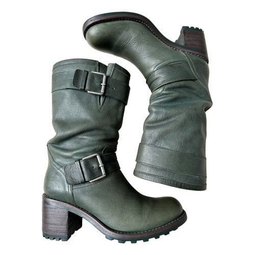 Pre-owned Free Lance Geronimo Leather Biker Boots In Green