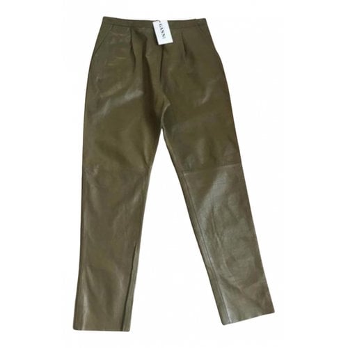 Pre-owned Ganni Leather Trousers In Khaki