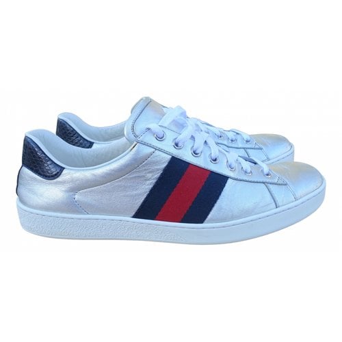Pre-owned Gucci Ace Leather Low Trainers In Silver
