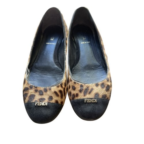 Pre-owned Fendi Pony-style Calfskin Ballet Flats In Brown