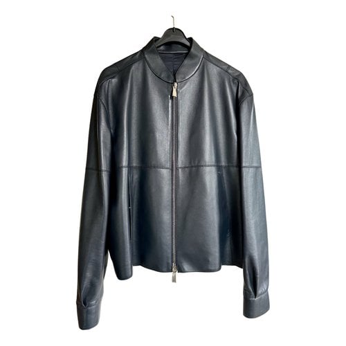 Pre-owned Dior Leather Jacket In Navy