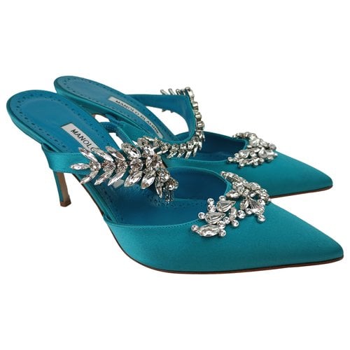 Pre-owned Manolo Blahnik Cloth Mules In Turquoise