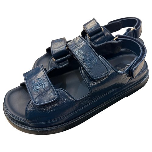 Pre-owned Chanel Dad Sandals Patent Leather Sandal In Blue