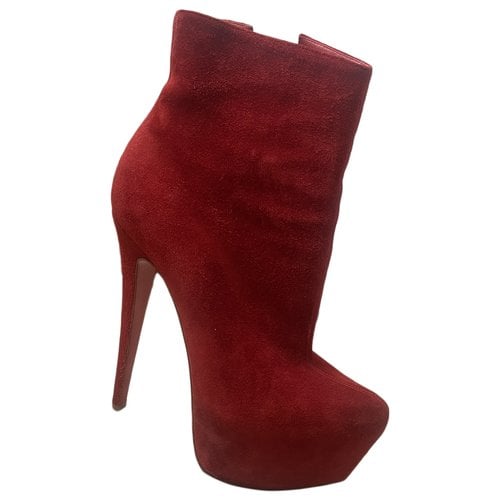 Pre-owned Christian Louboutin Velvet Ankle Boots In Red