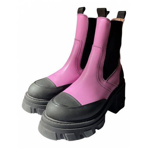 Pre-owned Ganni Leather Ankle Boots In Pink