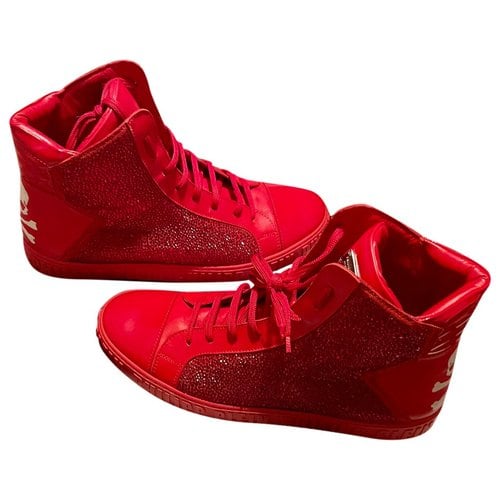 Pre-owned Philipp Plein Crystal Leather High Trainers In Red