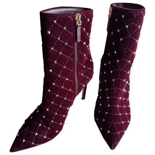 Pre-owned Valentino Garavani Velvet Ankle Boots In Burgundy