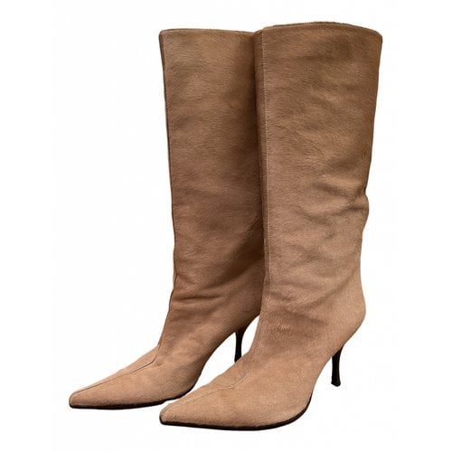 Pre-owned Sergio Rossi Pony-style Calfskin Boots In Beige