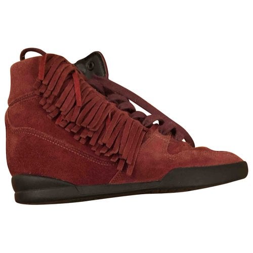Pre-owned The Kooples Velvet Lace Up Boots In Burgundy
