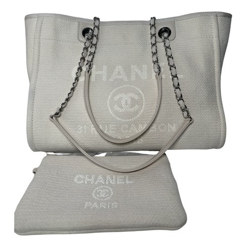 Pre-owned Chanel Deauville Chain Cloth Tote In White