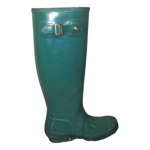 Pre-owned Hunter Vinyl Wellington Boots In Green