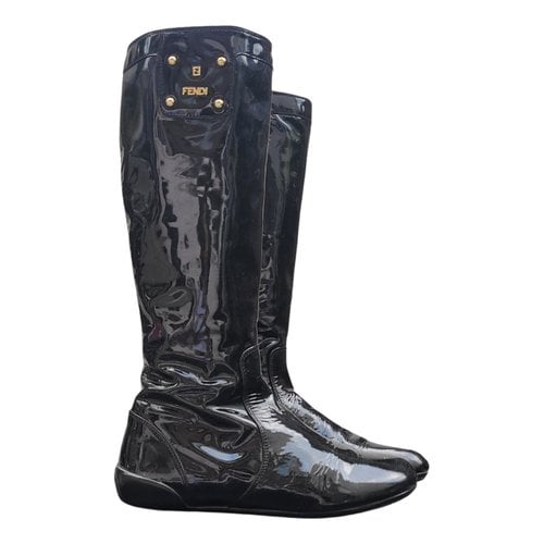 Pre-owned Fendi Patent Leather Western Boots In Black
