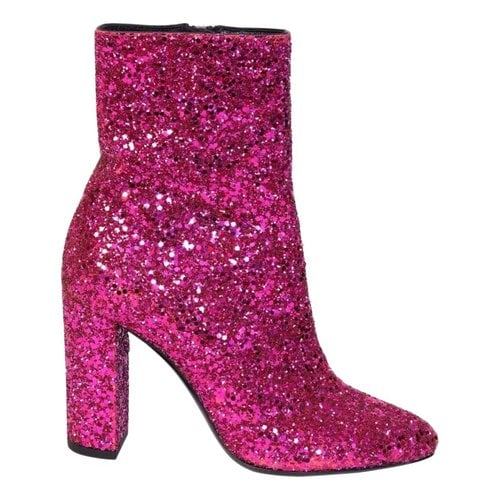 Pre-owned Saint Laurent Lou Leather Ankle Boots In Pink