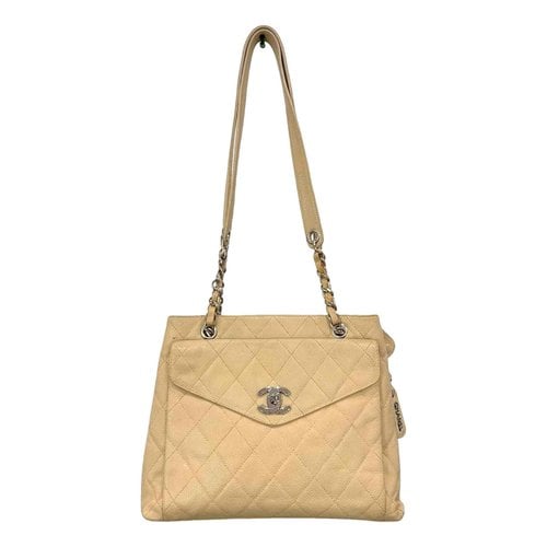 Pre-owned Chanel Vintage Cc Chain Leather Tote In Beige
