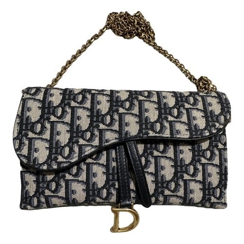 Pre-owned Dior Saddle Wallet On Chain Tweed Mini Bag In Blue