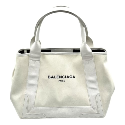 Pre-owned Balenciaga Navy Cabas Fabric Tote In Beige