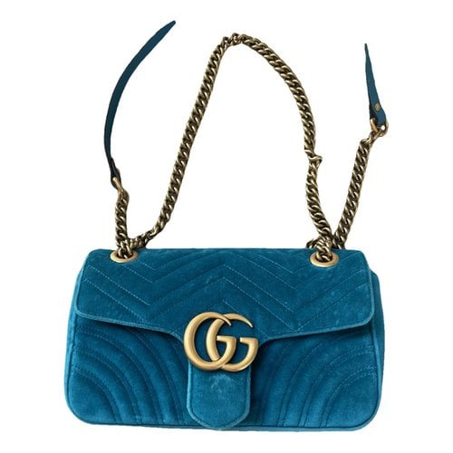 Pre-owned Gucci Gg Marmont Chain Flap Velvet Crossbody Bag In Blue