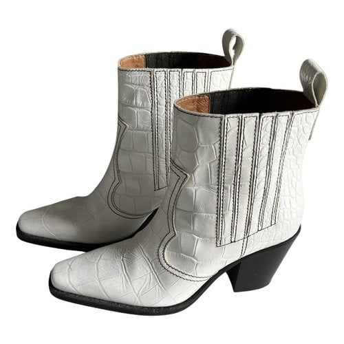 Pre-owned Ganni Leather Western Boots In White