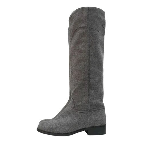 Pre-owned Chanel Cloth Riding Boots In Grey