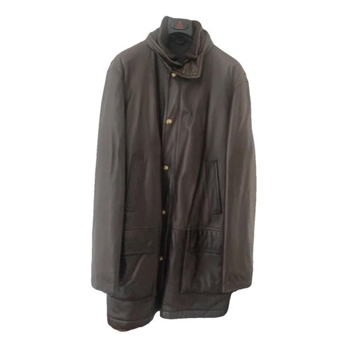 Pre-owned Kiton Leather Peacoat In Brown