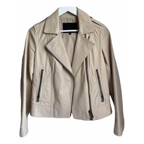 Pre-owned Massimo Dutti Leather Biker Jacket In Beige