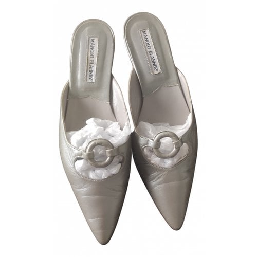 Pre-owned Manolo Blahnik Maysale Leather Mules & Clogs In Silver