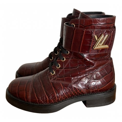Pre-owned Louis Vuitton Leather Biker Boots In Burgundy