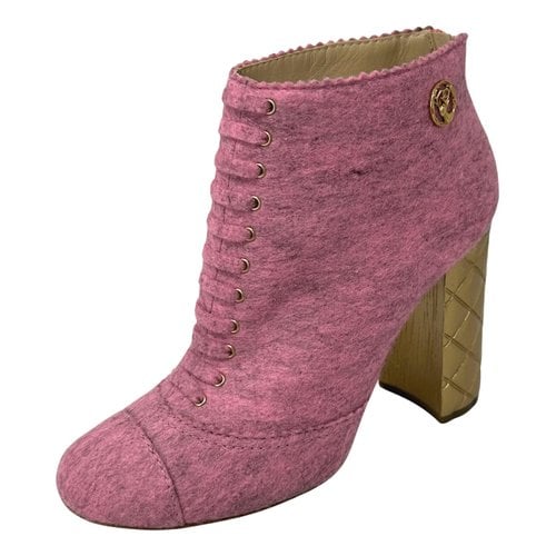 Pre-owned Chanel Cloth Lace Up Boots In Pink