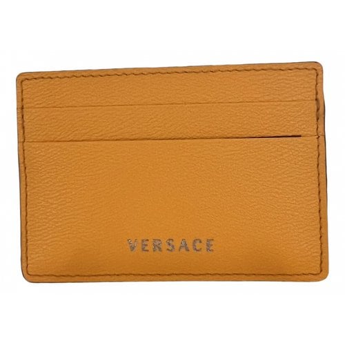 Pre-owned Versace La Medusa Leather Card Wallet In Orange