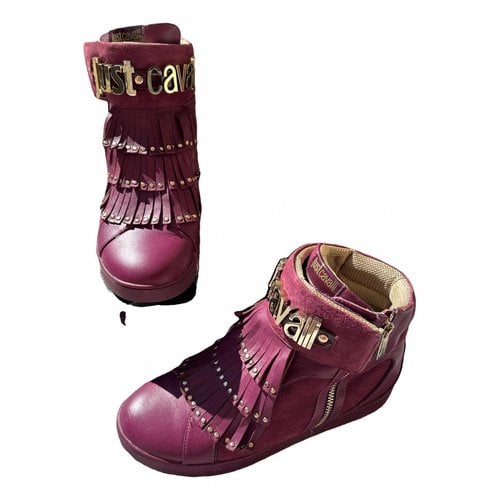 Pre-owned Just Cavalli Leather Trainers In Burgundy